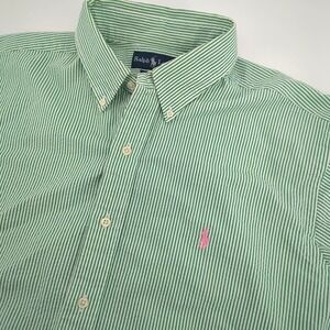 Polo Ralph Lauren Mens XL Green Striped Seersucker Classic Fit Button Down Shirt